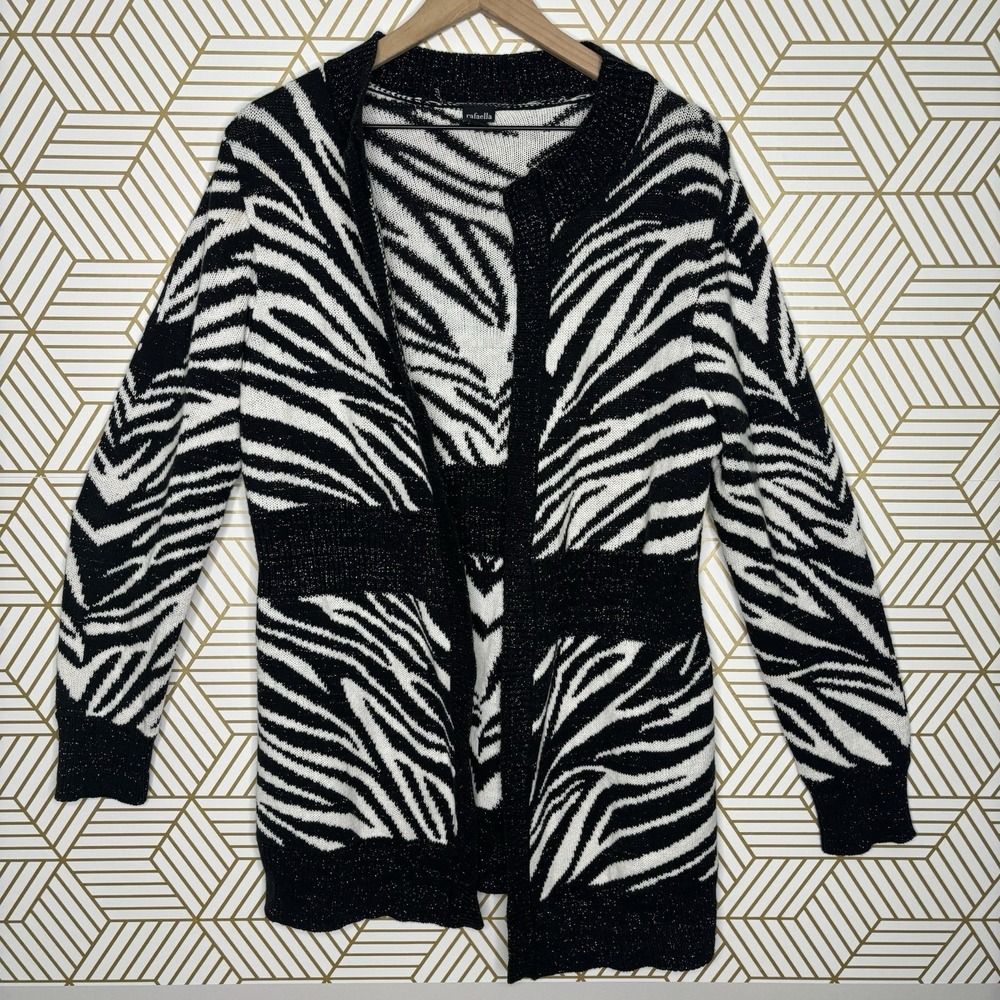 Y2K Zebra Print Knit Longline Open Cardigan Jacket Black White Large Whimsigoth